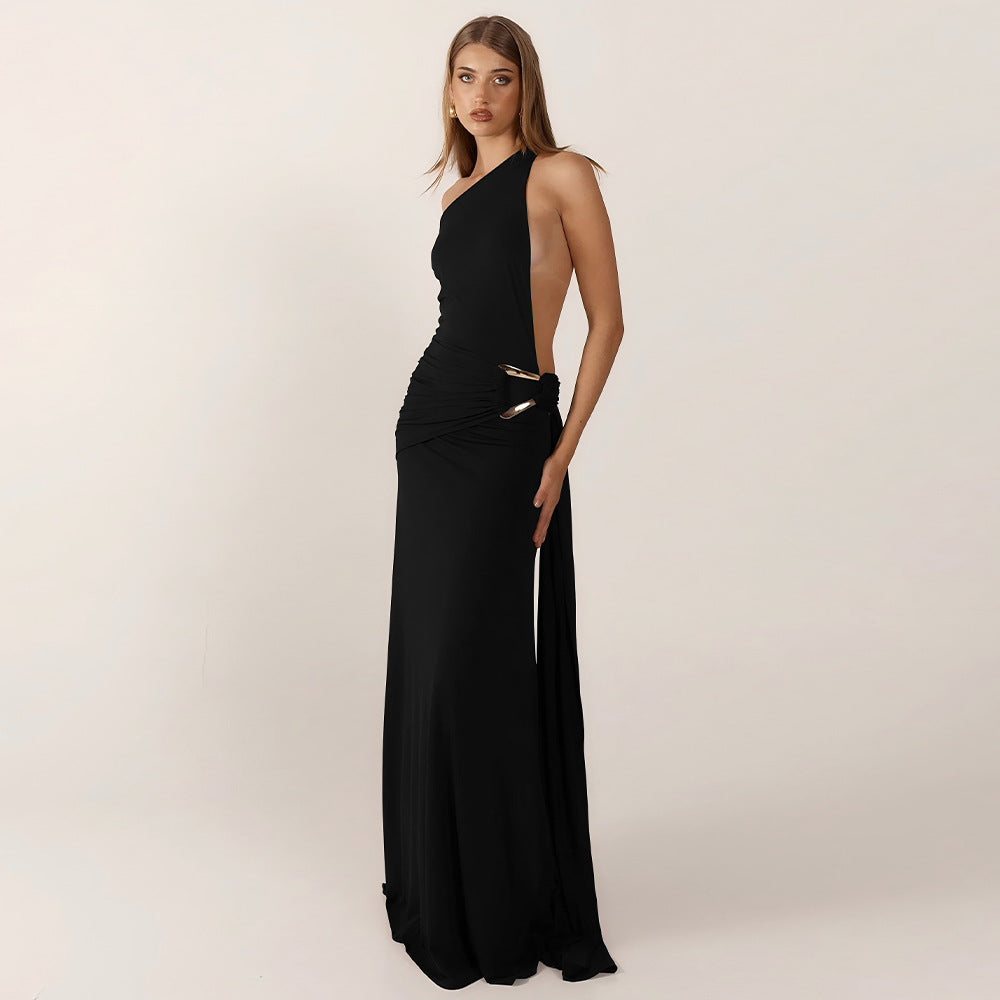 Sexy One-Shoulder Backless Metal Decor Bodycon Dress for Women