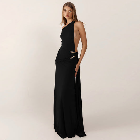 Sexy One-Shoulder Backless Metal Decor Bodycon Dress for Women