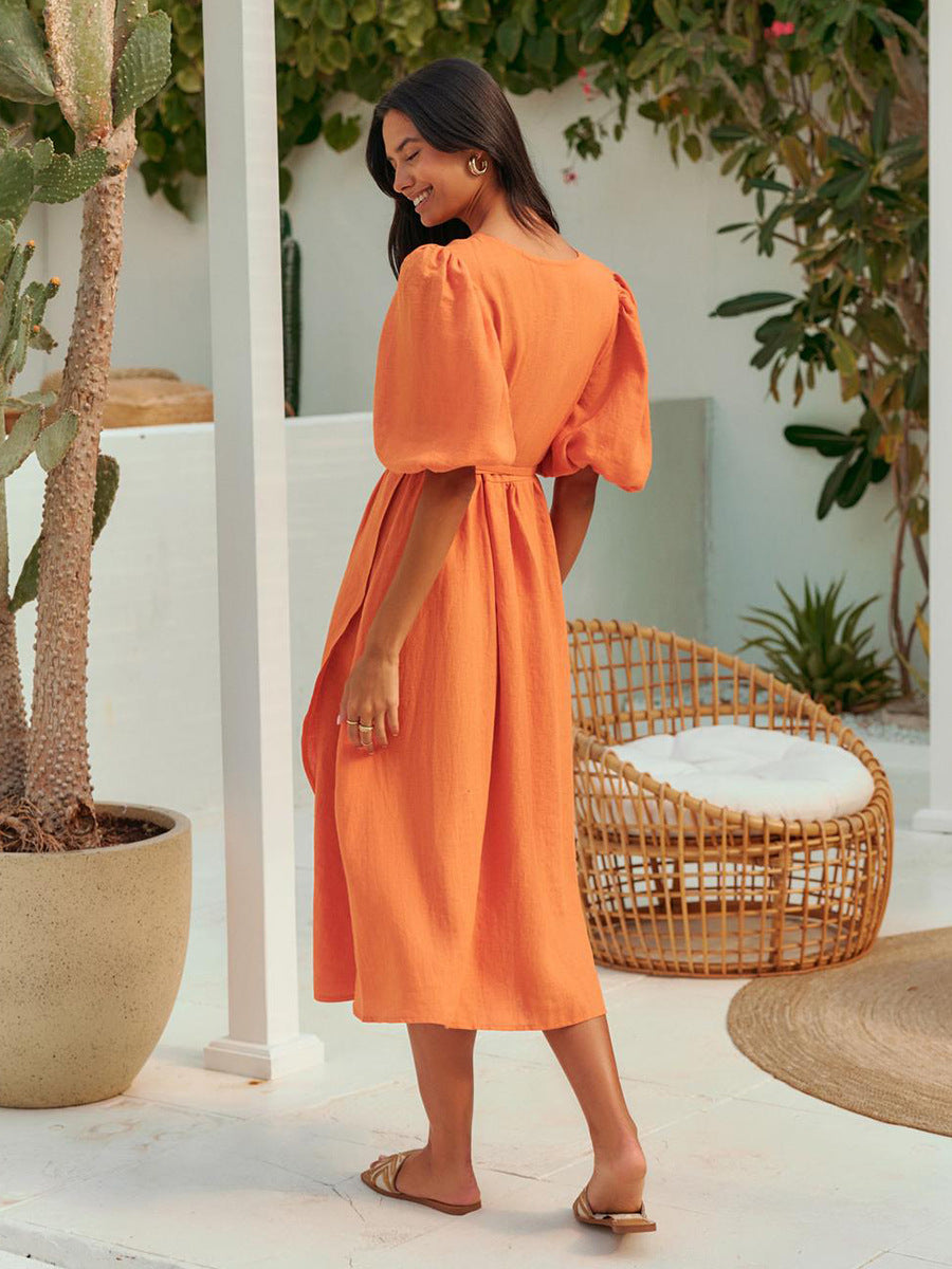 Women's Cotton Tie-Waist Puff Sleeve Midi Dress
