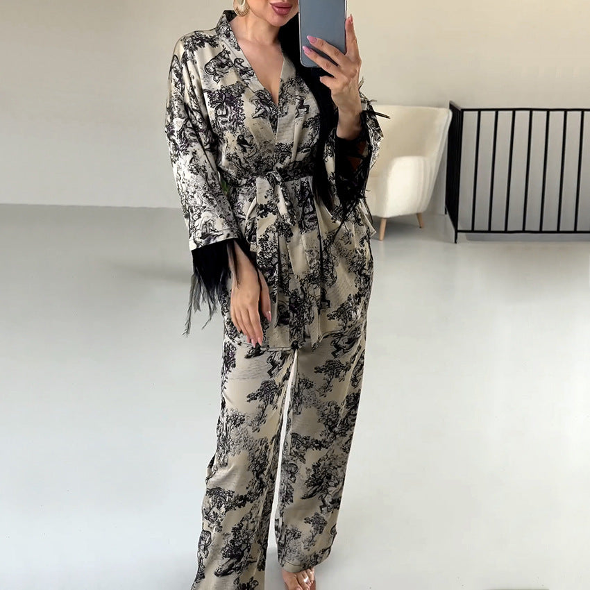 Women’s Autumn & Winter Velvet Loungewear Set – Knitted Long Sleeve Top & Feather-Trim Pants