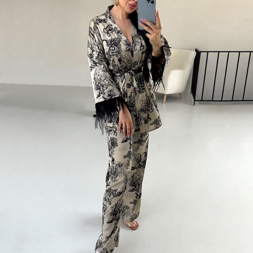 Women’s Autumn & Winter Velvet Loungewear Set – Knitted Long Sleeve Top & Feather-Trim Pants