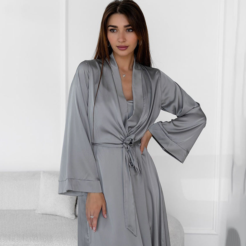 Women’s Gray Satin-Like Two-Piece Nightwear Set – Soft & Loose Slip Dress with Matching Robe