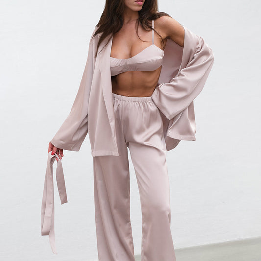 Women’s Satin Long Sleeve Pajama Set – 3-Piece Soft & Silky Loungewear with Robe, Top & Pants
