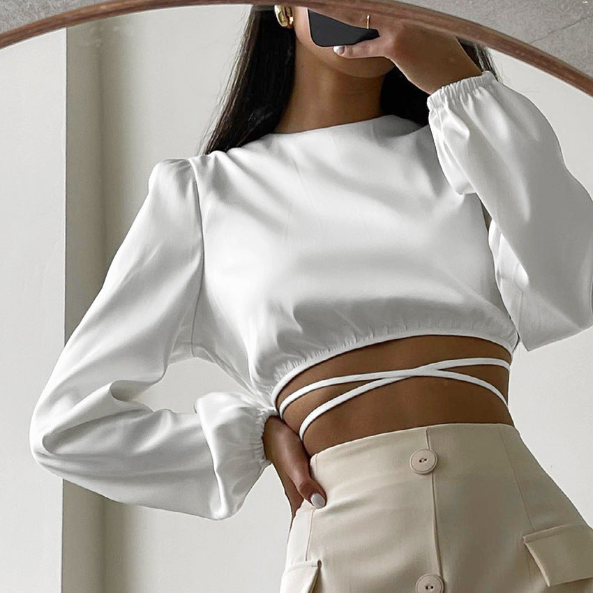 Satin Cropped Long Sleeve Top