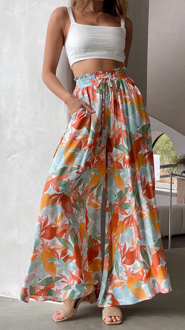 Women’s Multi-Color Elastic Waist High-Waisted Wide-Leg Long Skirt Pants