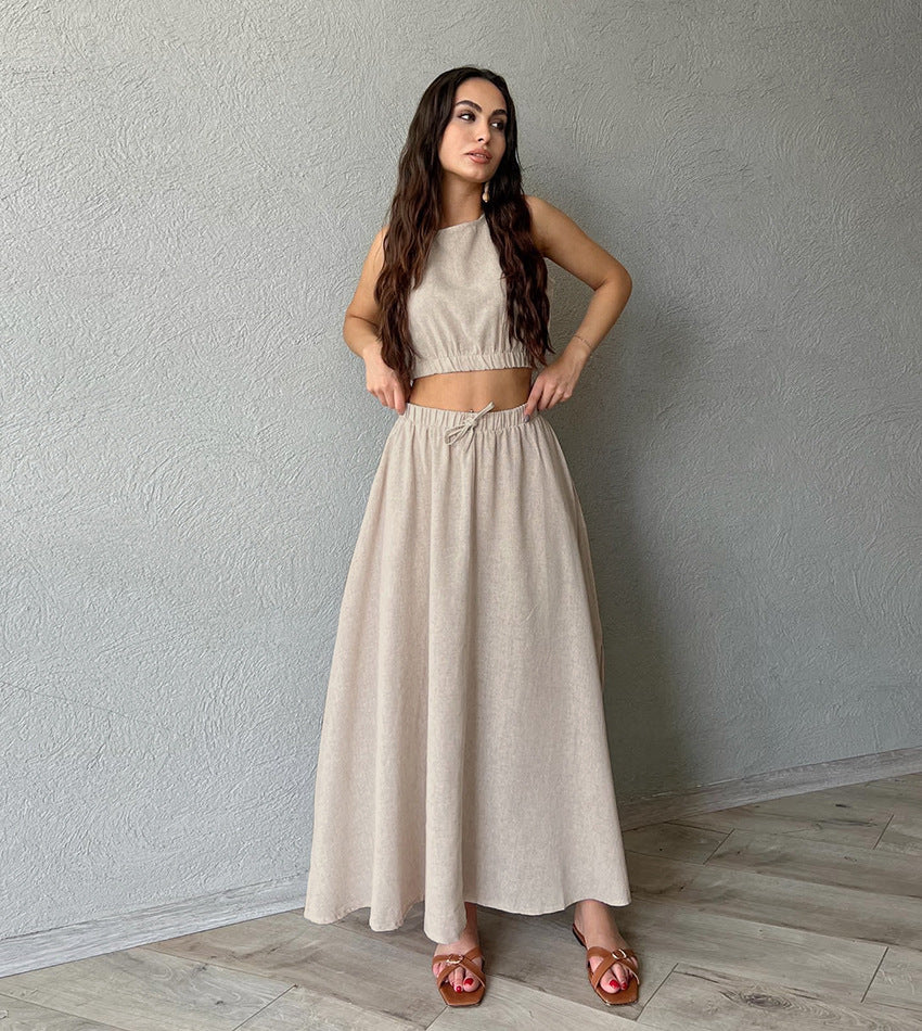 Women's Summer Casual Cotton Linen Crop Sleeveless Top and Sexy High-Slit Maxi Skirt Set