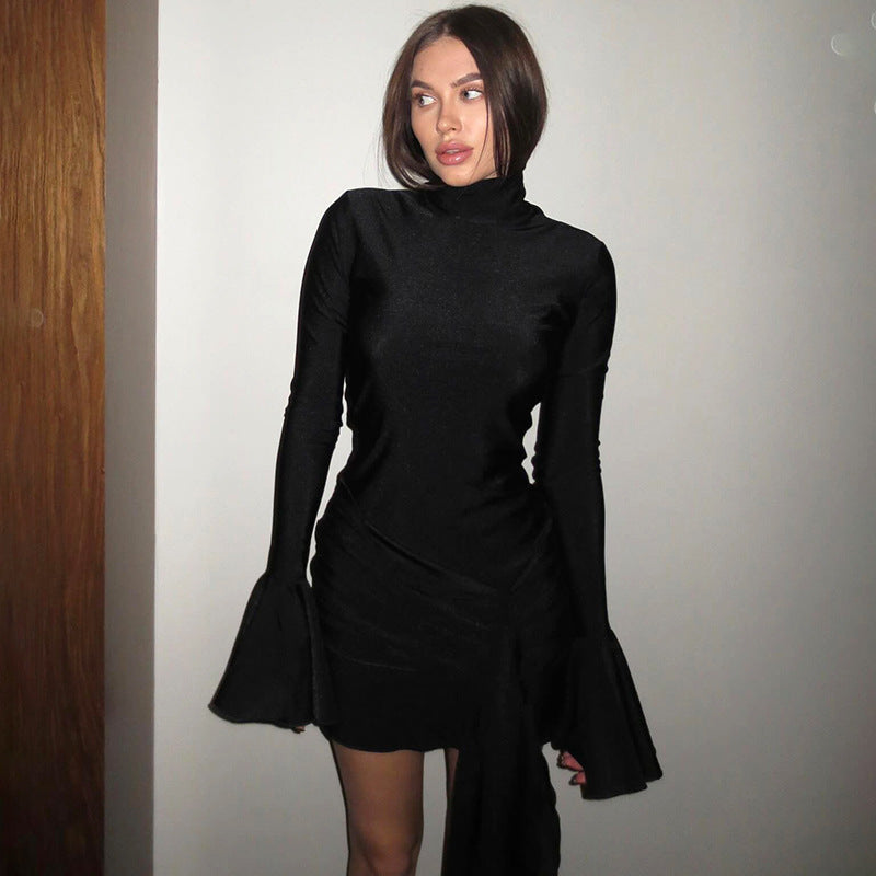 Women's Fashion Solid Color High Neck Flare Sleeve Dress