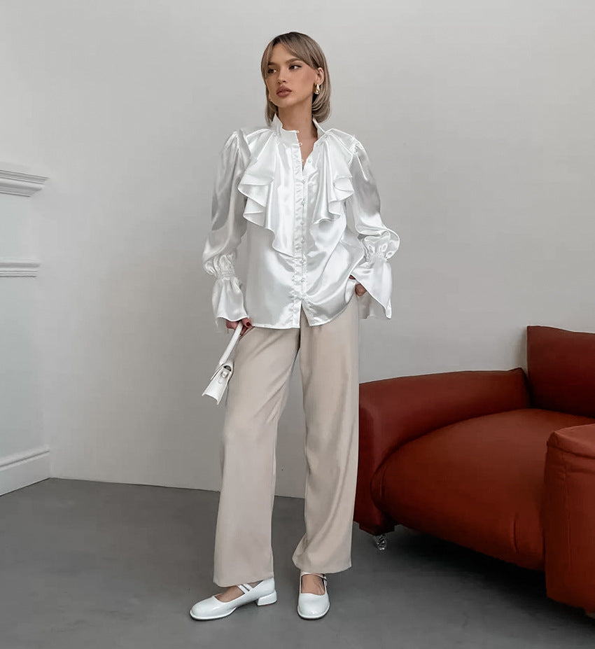 Women's Vintage Ruffle Stand Collar Satin Shirt with Bell Sleeves and Glossy Finish