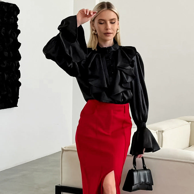 Women's Vintage Ruffle Stand Collar Satin Shirt with Bell Sleeves and Glossy Finish