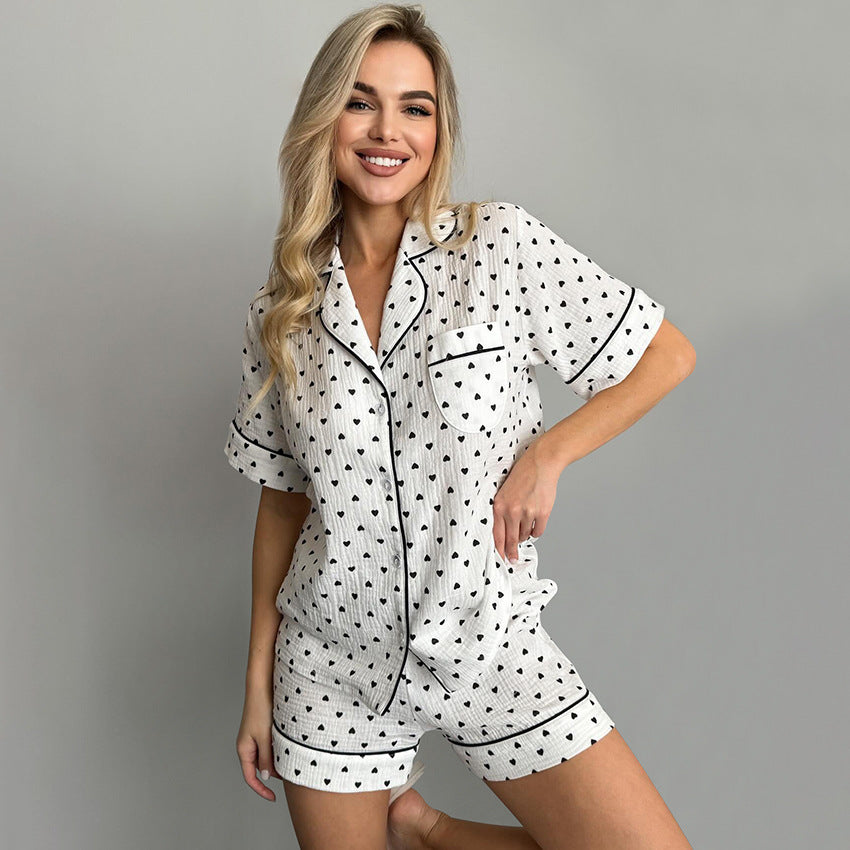 Women's Cotton Short Sleeve Pajama Set with Heart Print, Soft and Cozy Ladies Loungewear