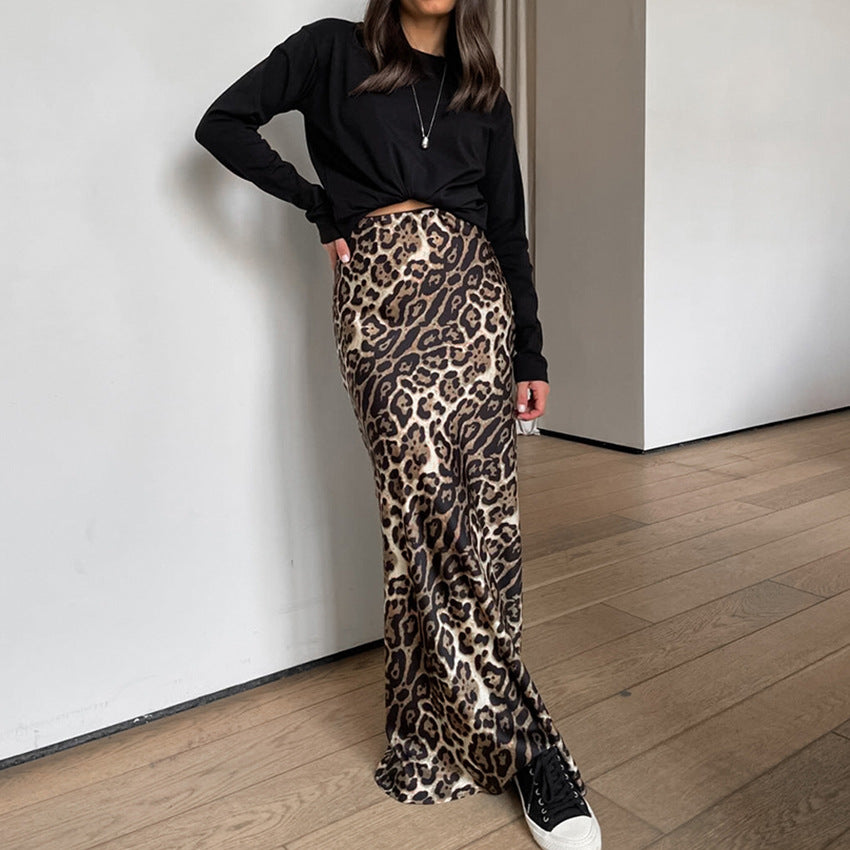 Women's Vintage Satin Sexy Leopard Print Casual Midi Skirt