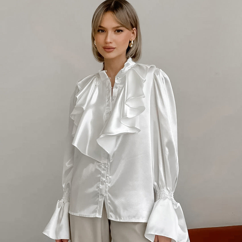 Women's Vintage Ruffle Stand Collar Satin Shirt with Bell Sleeves and Glossy Finish