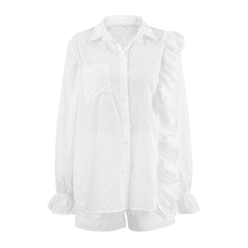 Summer Cotton Ruffle Long Sleeve Shirt and Shorts Set, Women's Loungewear Outerwear Two-Piece