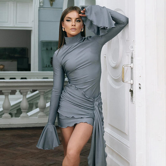 Women's Fashion Solid Color High Neck Flare Sleeve Dress