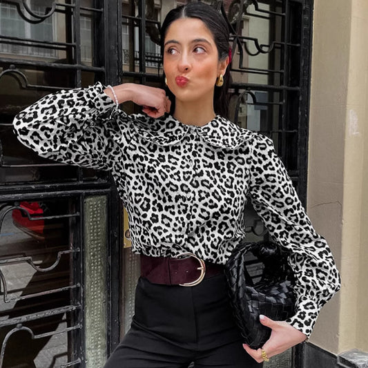 Women's Leopard Print Cotton Turn-Down Collar Shirt