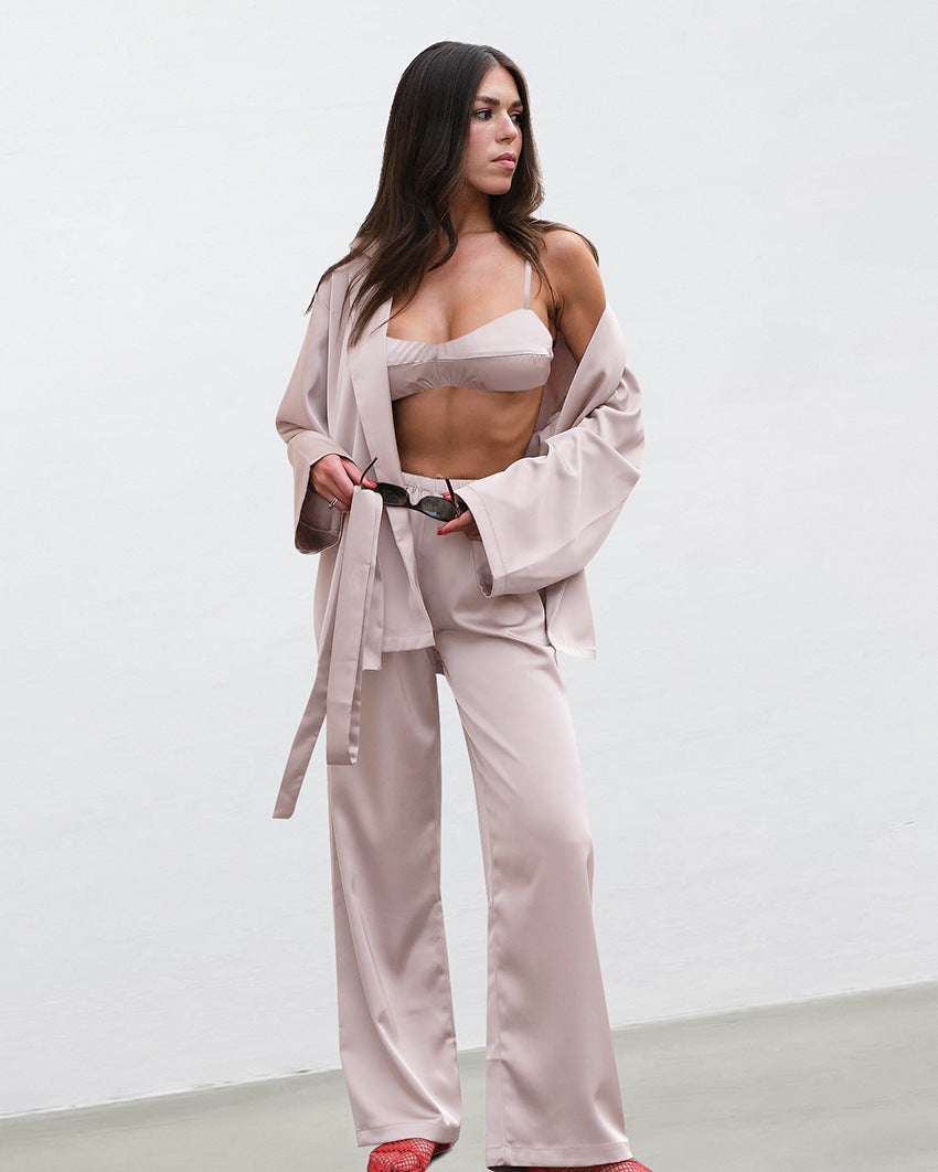 Women’s Satin Long Sleeve Pajama Set – 3-Piece Soft & Silky Loungewear with Robe, Top & Pants