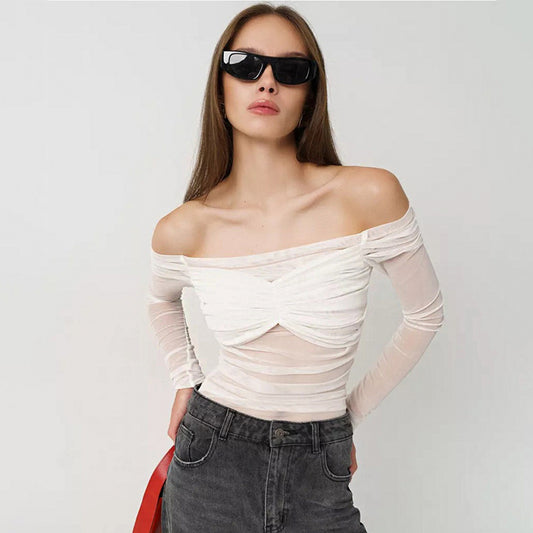 Summer Women's Fashion Off-Shoulder Sheer Mesh Ruched Top