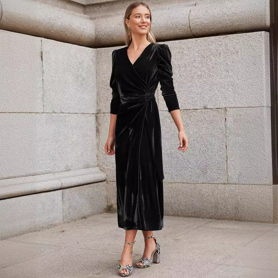 Women's Solid Color Tie Waist V-Neck Velvet Dress - Luxurious Velvet Fabric