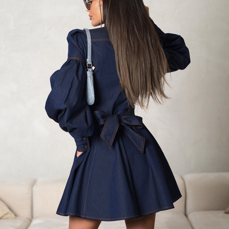 Women's Fashion Denim Lantern Sleeve Tie-Waist Dress