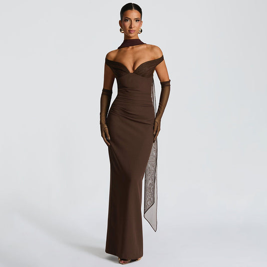 Elegant Strapless Mesh Backless Bodycon Dress 2-Piece Set with Neck Scarf