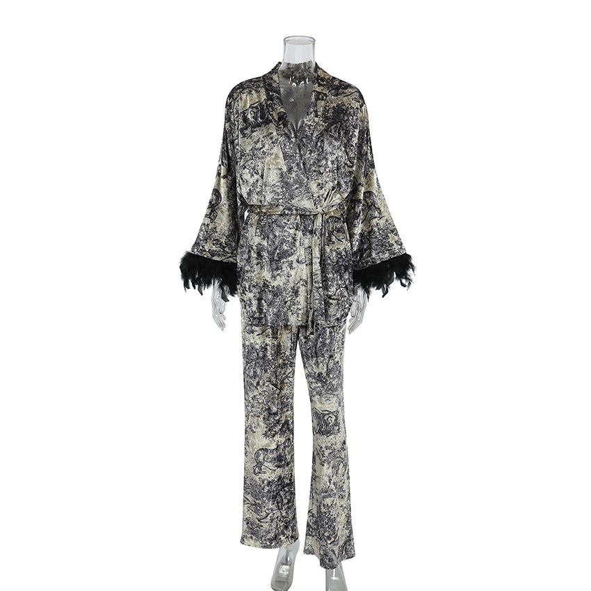 Women’s Autumn & Winter Velvet Loungewear Set – Knitted Long Sleeve Top & Feather-Trim Pants