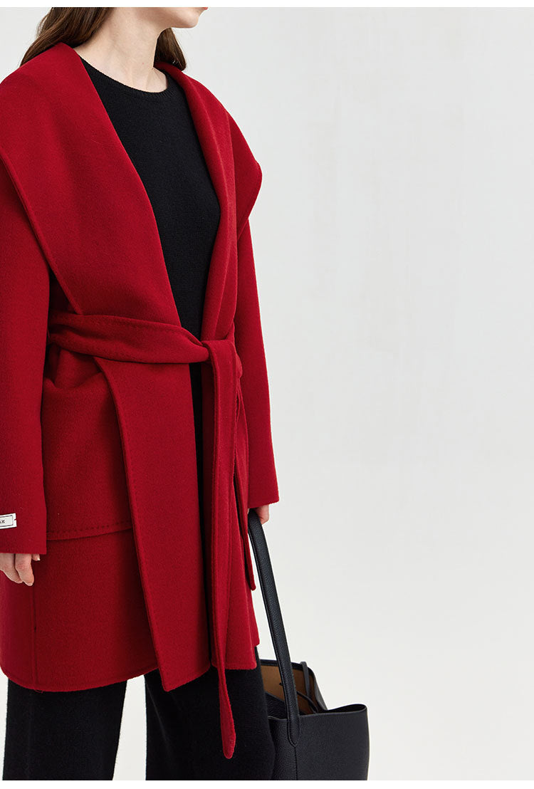 Women's loose lace-up hooded wool coat