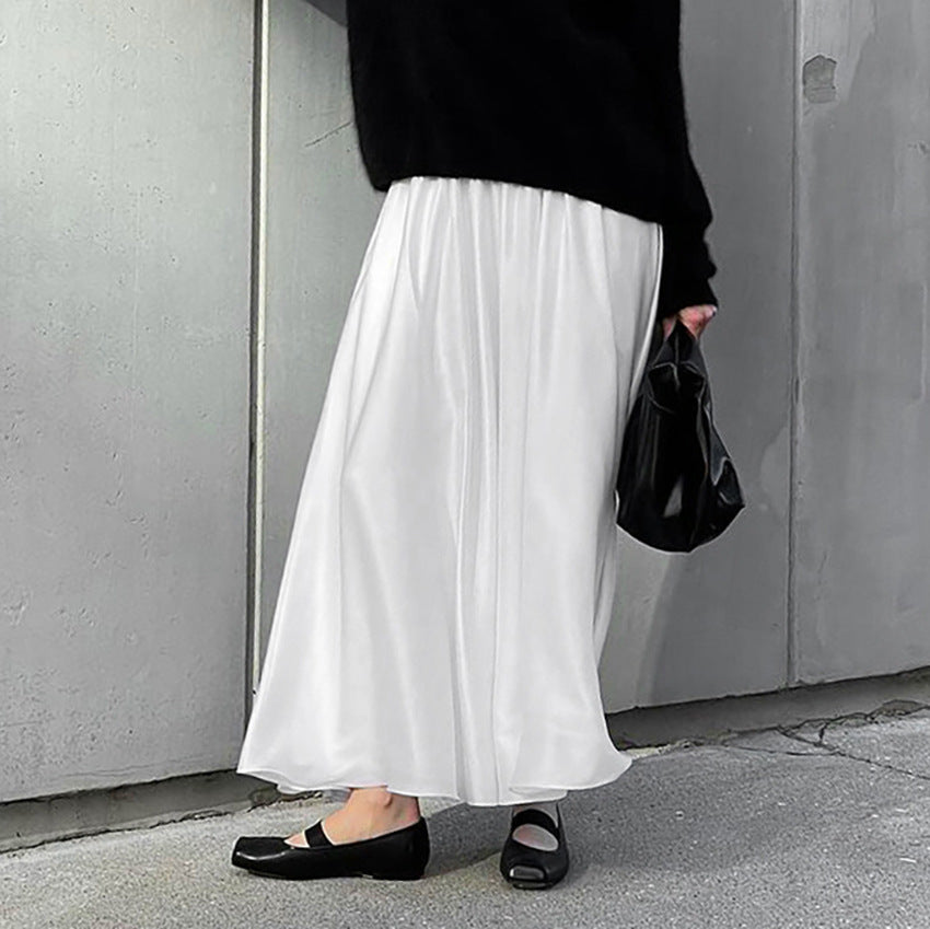 Women's White Satin High-Waist Elastic Waistband Midi Skirt