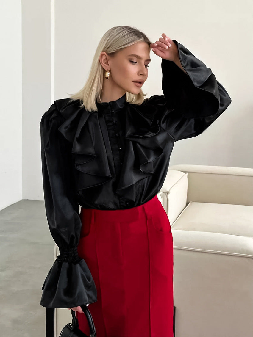 Women's Vintage Ruffle Stand Collar Satin Shirt with Bell Sleeves and Glossy Finish