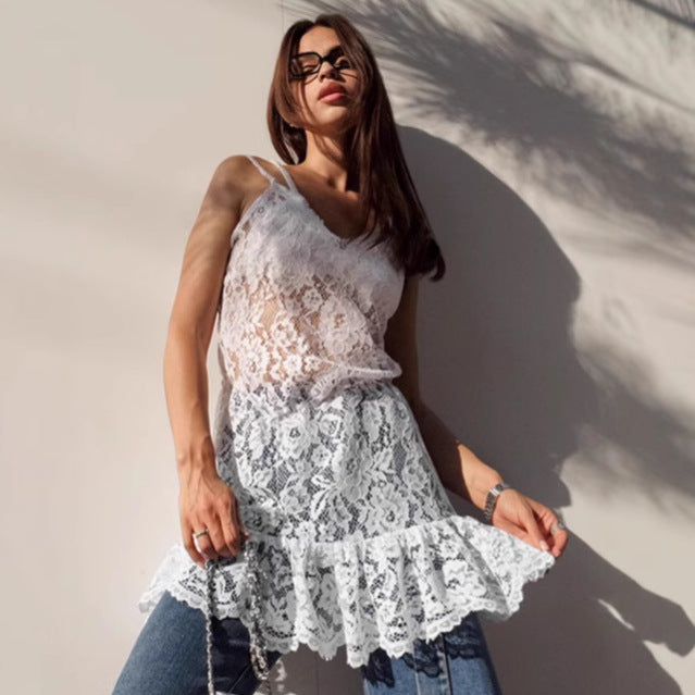 Women's Lace Spaghetti Strap Ruffle Hem Dress