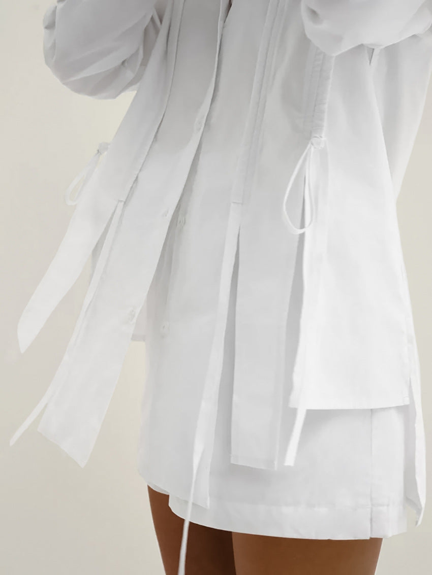 Women's Summer French Lapel Tie Long Sleeve Shirt and Shorts Set