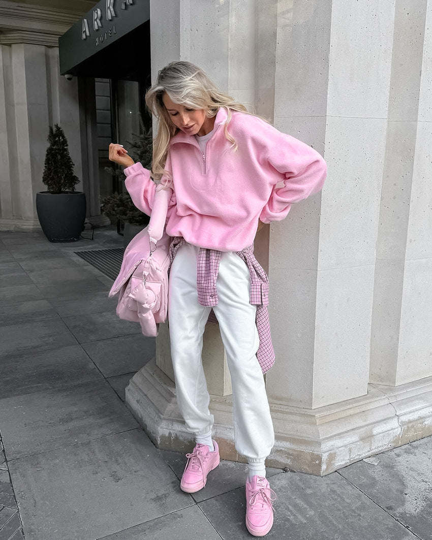 Women's Pink Fleece Loose Pullover Sherpa Sweatshirt