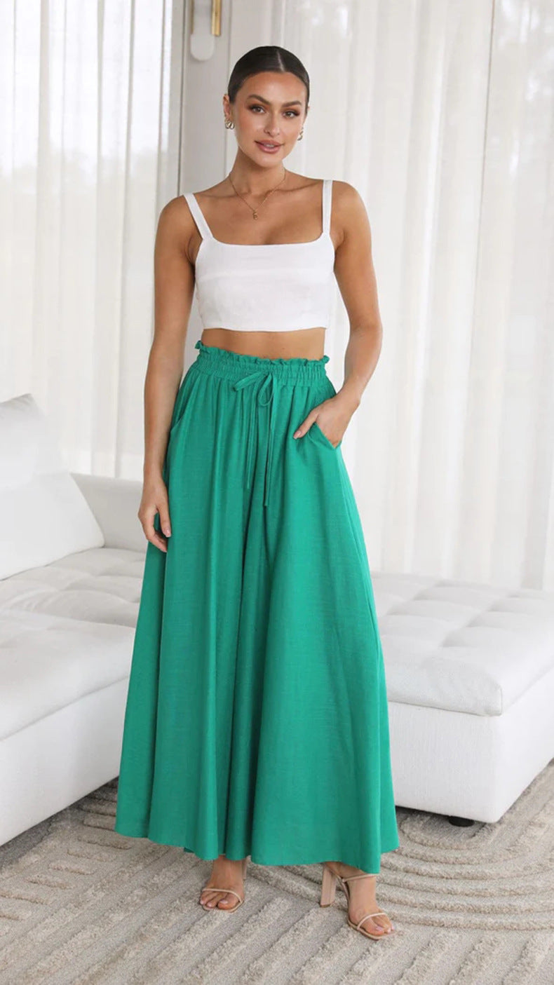Women’s Multi-Color Elastic Waist High-Waisted Wide-Leg Long Skirt Pants