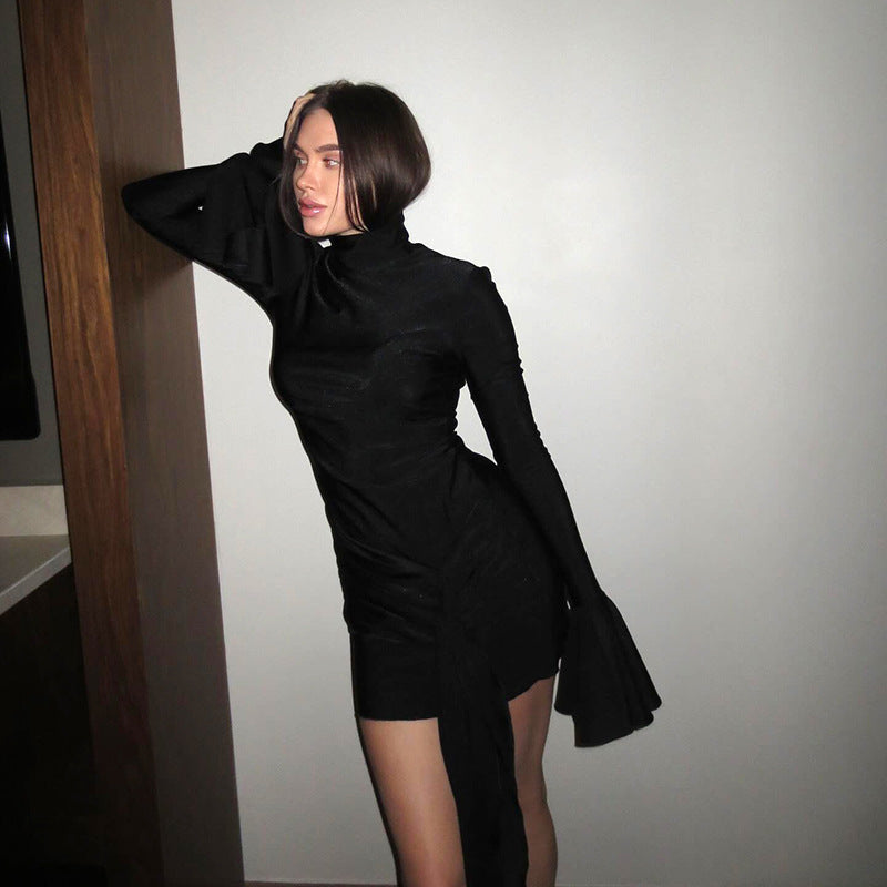 Women's Fashion Solid Color High Neck Flare Sleeve Dress