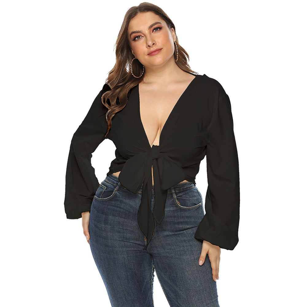 Plus Lantern Sleeve Tie Front Crop Top