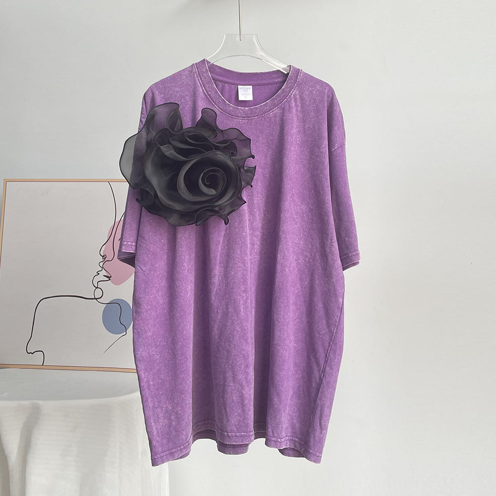 Faded Washed Vintage Cotton Short-Sleeve T-Shirt with Oversized 3D Floral Embellishment