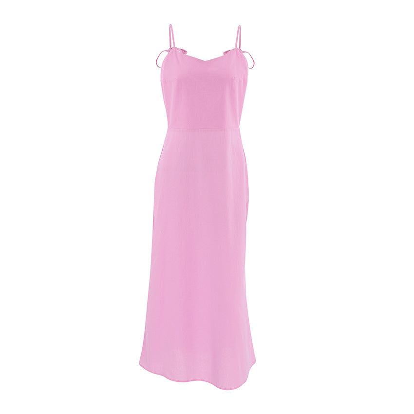 Summer Women's French Style Cotton Linen Sexy Strappy Tie V-Neck Backless Dress
