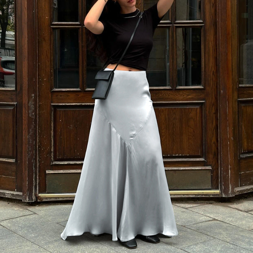 Women's Gray Satin High-Slit Midi Skirt