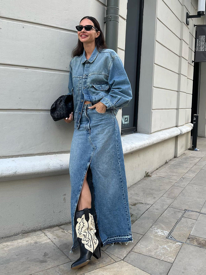 Women's High-Waisted Slim Fit Split Blue Denim Maxi Skirt Bodycon Design