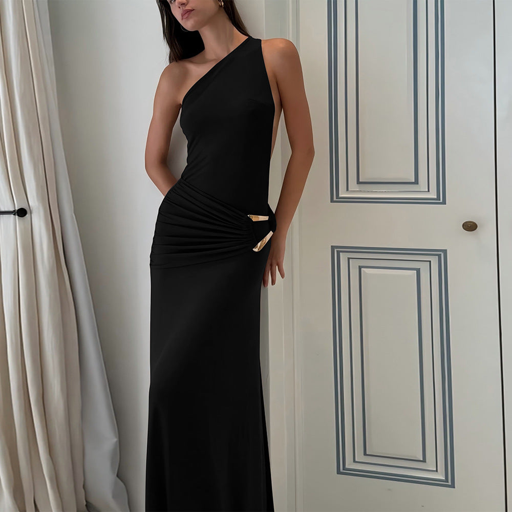 Sexy One-Shoulder Backless Metal Decor Bodycon Dress for Women