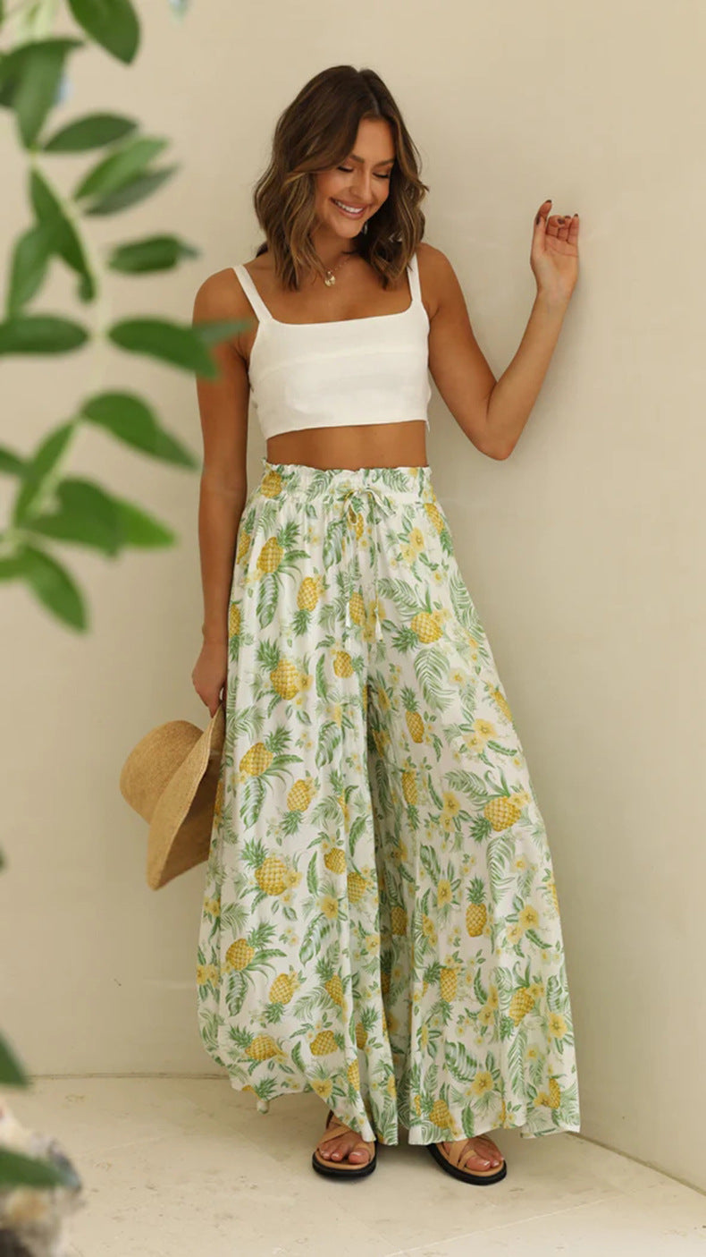 Women’s Multi-Color Elastic Waist High-Waisted Wide-Leg Long Skirt Pants