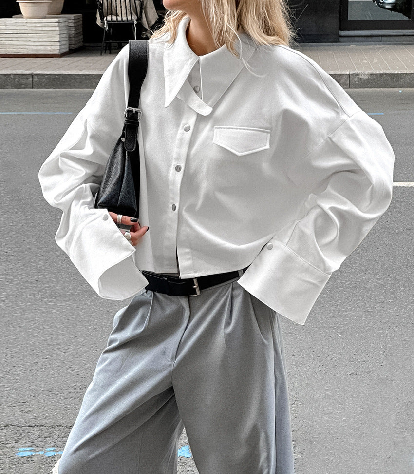 Women's French Style Lapel Loose Fit Cotton Crop Shirt