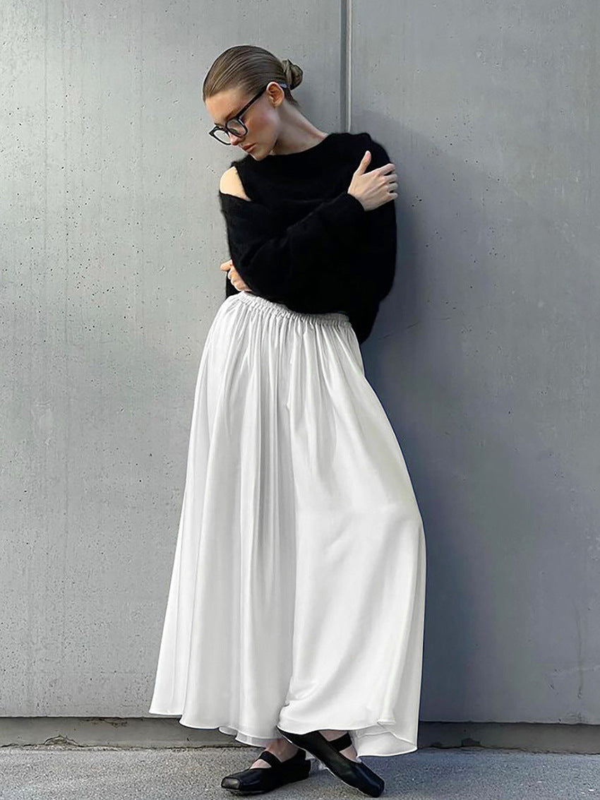 Women's White Satin High-Waist Elastic Waistband Midi Skirt