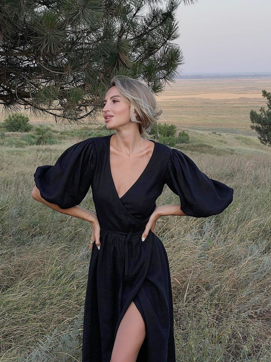 Women's Cotton Tie-Waist Puff Sleeve Midi Dress
