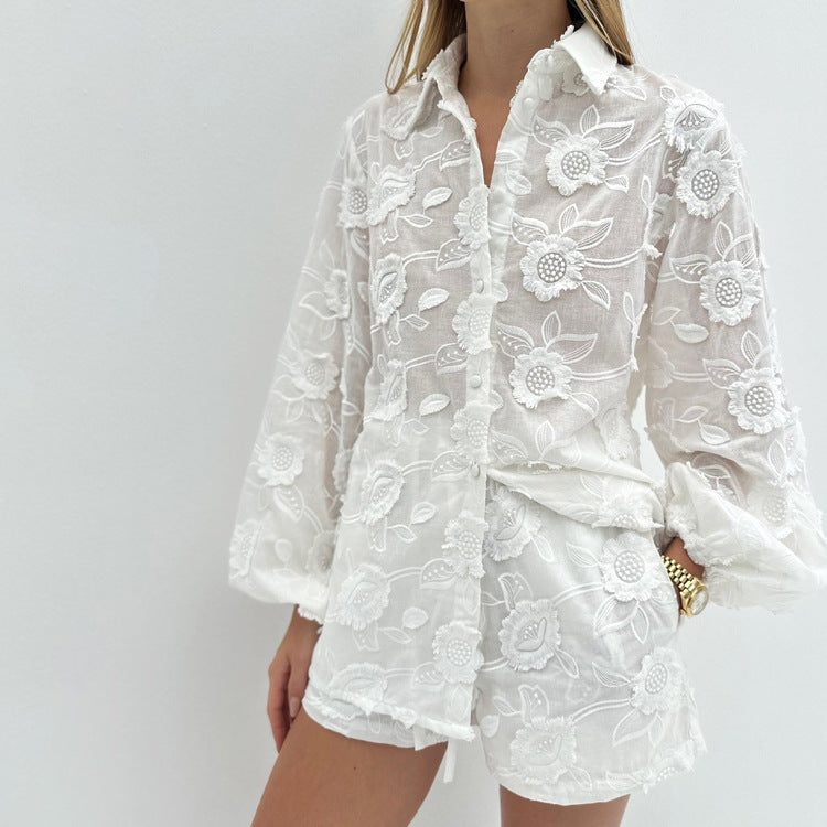 Women’s Autumn Fashion Cotton Embroidered Sheer Shirt with High-Waisted Shorts Set