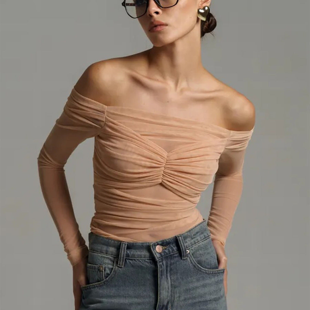 Summer Women's Fashion Off-Shoulder Sheer Mesh Ruched Top