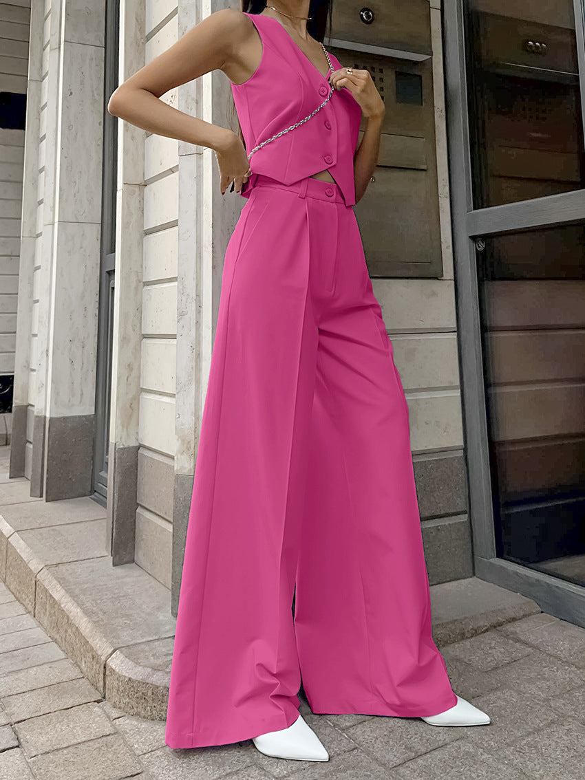 Women's Summer Vintage V-Neck Sleeveless Vest and Loose Long Pants Set