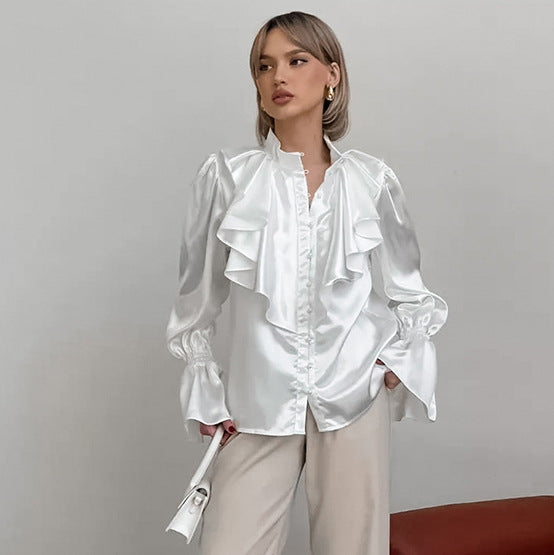 Women's Vintage Ruffle Stand Collar Satin Shirt with Bell Sleeves and Glossy Finish