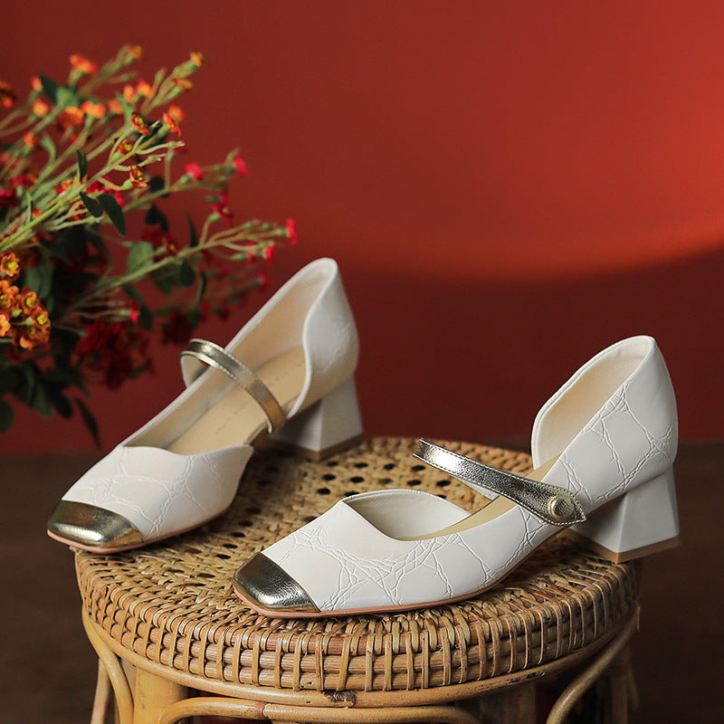 Vintage French Color Block Mary Jane Shoes with Chunky Heels