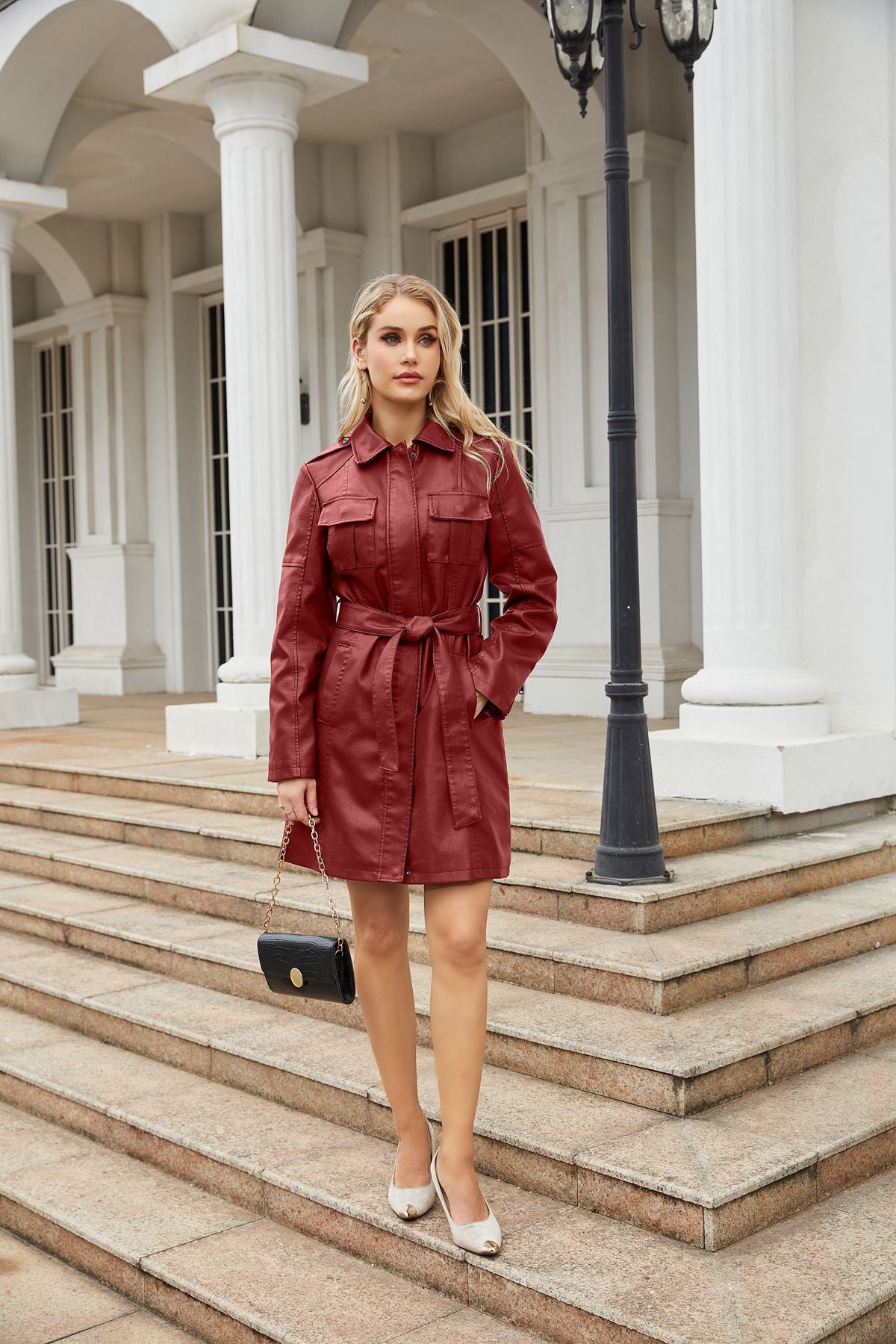 Women's Mid-Length Belted Faux Leather Long Sleeve Jacket with Zipper Design