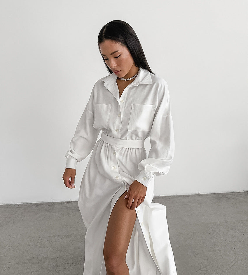 Women's French Collar Slim Shirt Dress - Elegant White Fitted Dress for Everyday Wear
